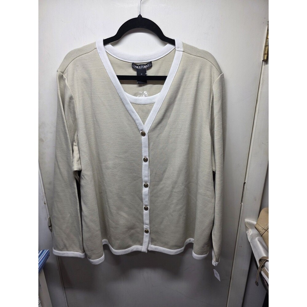 NWT Nina Leonard Beige With Ivory Trim Tight Knit Sweater Plus Size 2X
